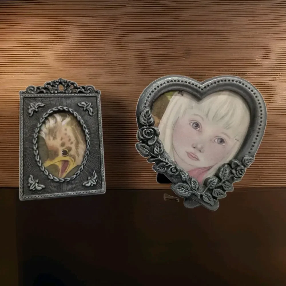 Vintage Pewter Miniature Picture Frames Set of 2 Heart Roses Ornate Filigree